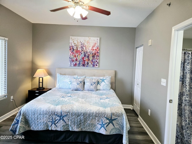 bedroom featuring ceiling fan, dark hardwood / wood-style flooring, and a closet