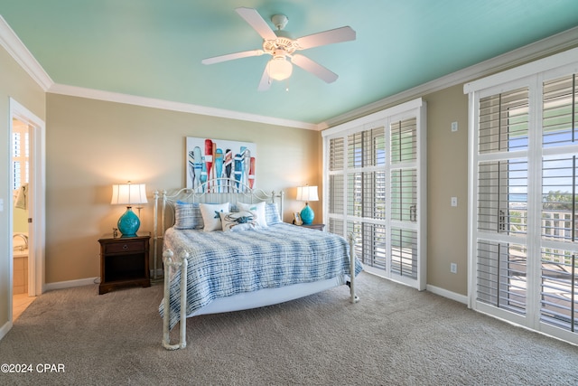 bedroom with carpet flooring, ensuite bathroom, ceiling fan, and ornamental molding