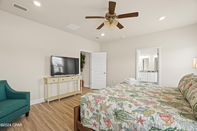 bedroom with light wood-type flooring, baseboards, visible vents, and recessed lighting