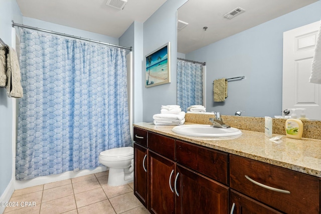 full bathroom with vanity, toilet, tile patterned floors, and shower / bath combination with curtain