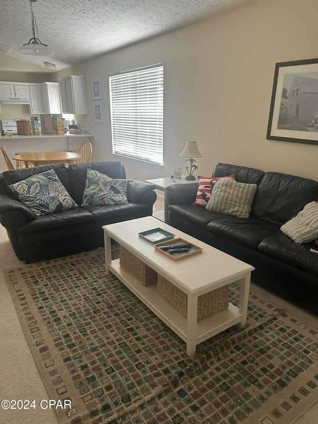 living room featuring a textured ceiling and dark colored carpet