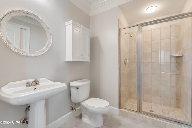 bathroom featuring toilet, ornamental molding, walk in shower, and tile patterned floors