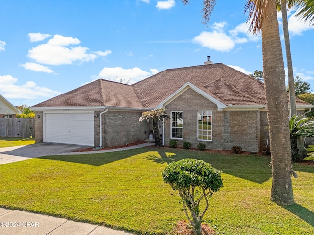 view of front of home with a front yard and a garage