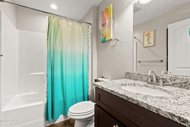 full bathroom with vanity, toilet, shower / bath combination with curtain, and wood-type flooring