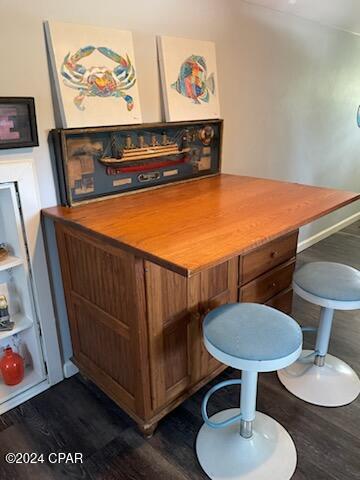 bar featuring wood counters and dark hardwood / wood-style flooring