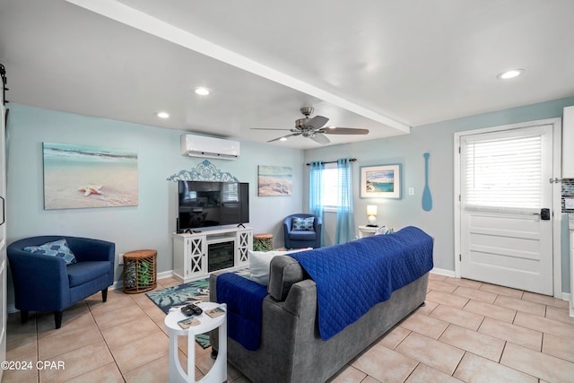 tiled living room with an AC wall unit, a wealth of natural light, and ceiling fan