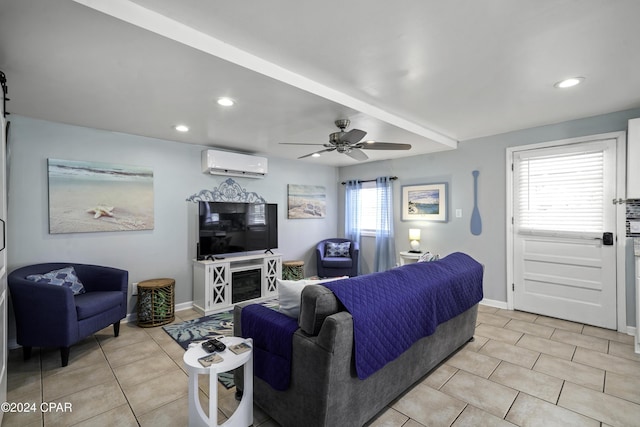202 3rd St, Mexico Beach, FL 32456 - living area with a wall unit AC, light tile patterned floors, recessed lighting, a ceiling fan, and baseboards