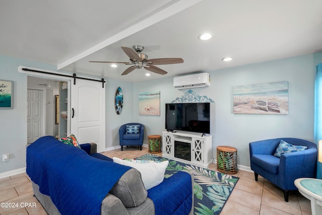 tiled living room featuring a barn door, a wall unit AC, and ceiling fan