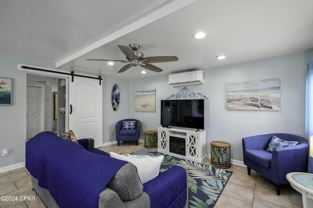 202 3rd St, Mexico Beach, FL 32456 - tiled living room with an AC wall unit, a barn door, ceiling fan, recessed lighting, and baseboards