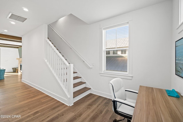 home office featuring dark hardwood / wood-style floors