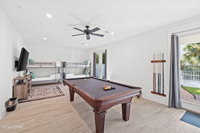 game room with light hardwood / wood-style flooring, ceiling fan, and pool table