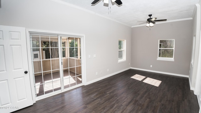 empty room with a wealth of natural light, ornamental molding, dark hardwood / wood-style floors, and ceiling fan