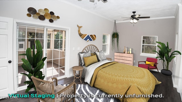 bedroom with dark hardwood / wood-style flooring, ornamental molding, and ceiling fan