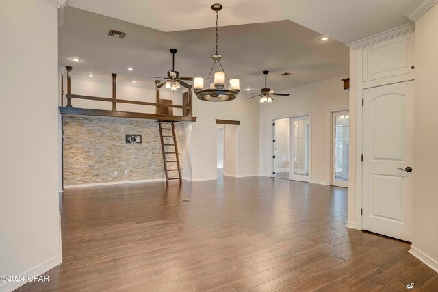 interior space with ornamental molding, light hardwood / wood-style flooring, and ceiling fan with notable chandelier