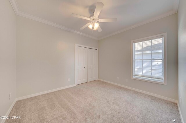 carpeted spare room featuring crown molding and ceiling fan