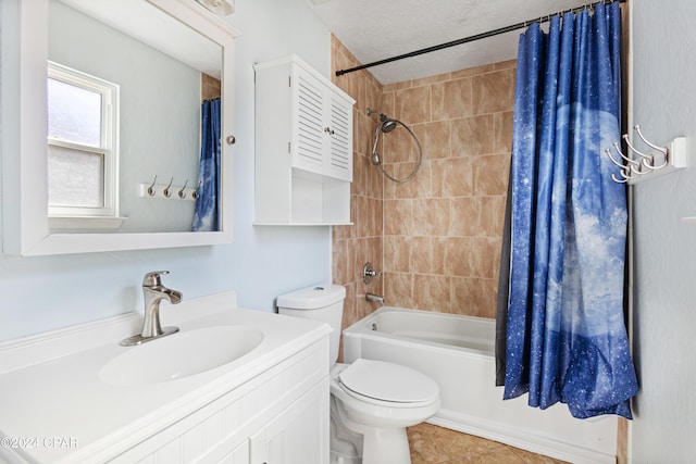 full bathroom with a textured ceiling, shower / bathtub combination with curtain, toilet, vanity, and tile patterned flooring