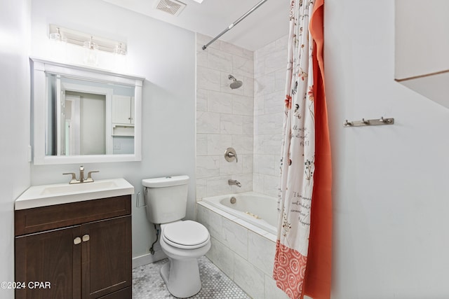 full bathroom with shower / bath combination with curtain, toilet, tile patterned floors, and vanity