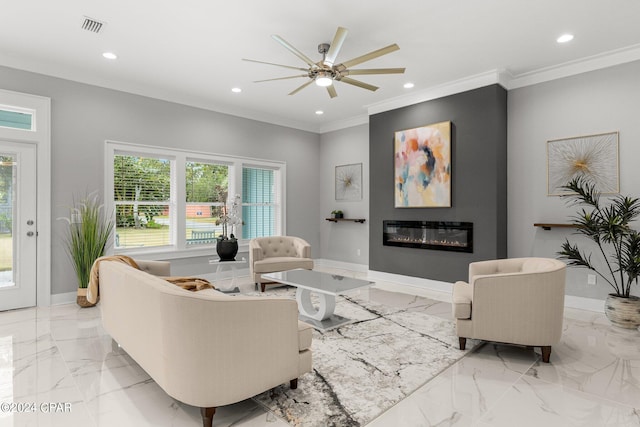 living room featuring crown molding and ceiling fan