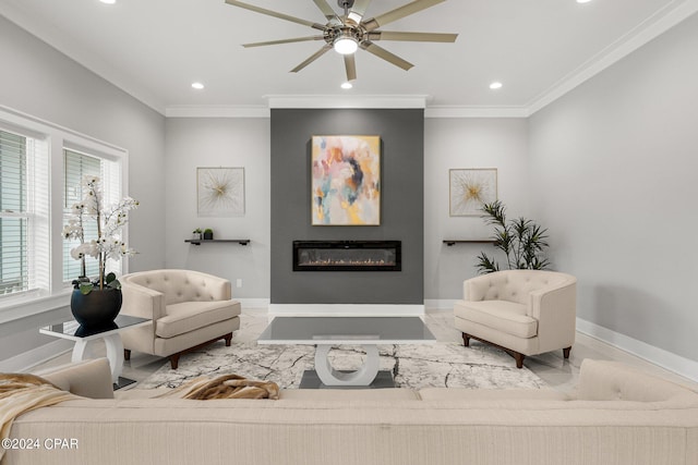 living area with crown molding and ceiling fan