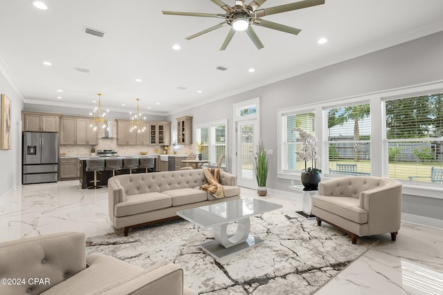 living room with ornamental molding and ceiling fan with notable chandelier