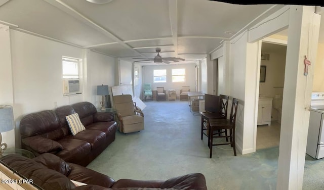 living room featuring cooling unit, ceiling fan, and beam ceiling