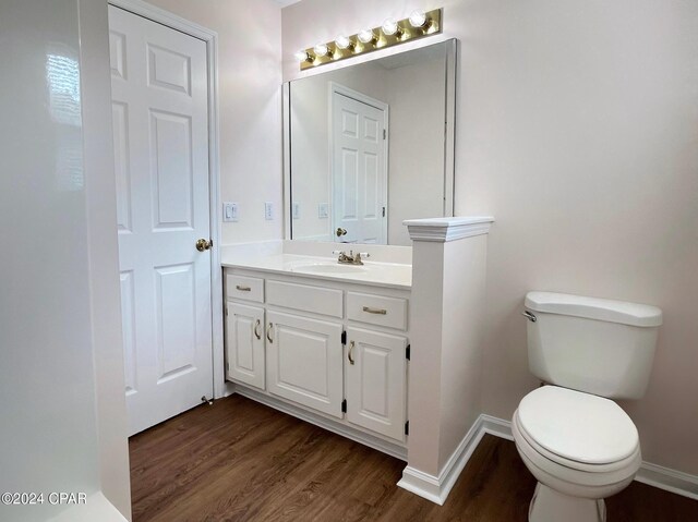 bathroom with wood-type flooring, vanity, and toilet