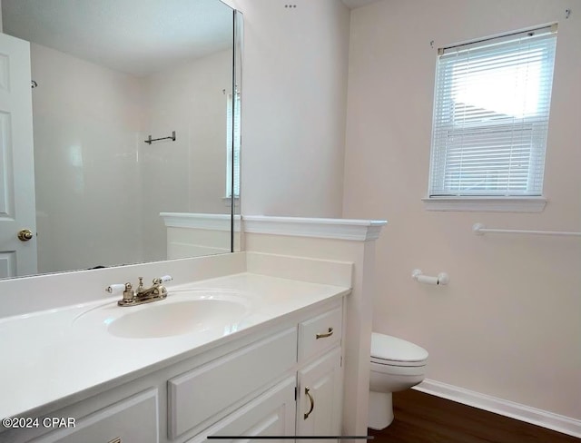 bathroom featuring hardwood / wood-style flooring, vanity, and toilet