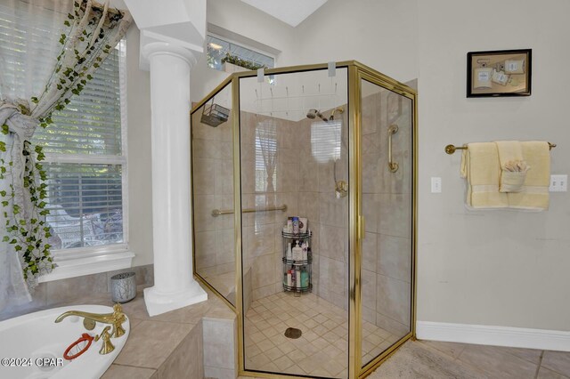 bathroom featuring ornate columns and plus walk in shower