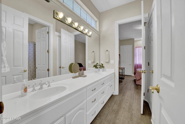 bathroom with vanity and wood-type flooring