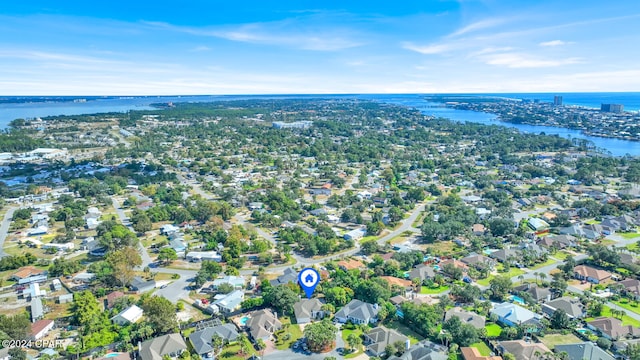 aerial view featuring a water view