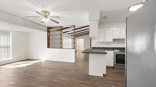 kitchen with visible vents, white cabinets, stainless steel electric range oven, and open floor plan