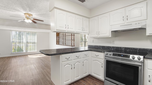 kitchen featuring electric stove, under cabinet range hood, dark countertops, a peninsula, and ceiling fan