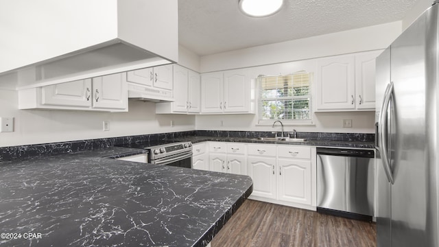 kitchen with under cabinet range hood, stainless steel appliances, white cabinetry, and a sink