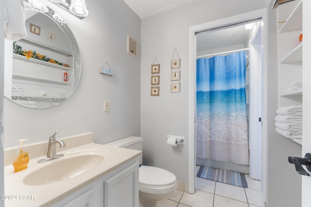 full bathroom with toilet, tile patterned floors, a shower with shower curtain, and vanity