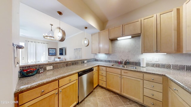 8700 Front Beach Rd Unit 5309, Panama City Beach, FL 32407 - kitchen featuring a sink, light brown cabinets, tasteful backsplash, hanging light fixtures, and dishwasher