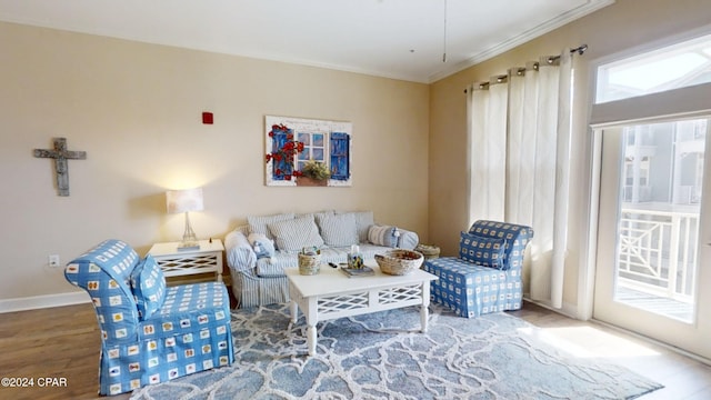 8700 Front Beach Rd Unit 5309, Panama City Beach, FL 32407 - living area with ornamental molding, wood finished floors, and baseboards