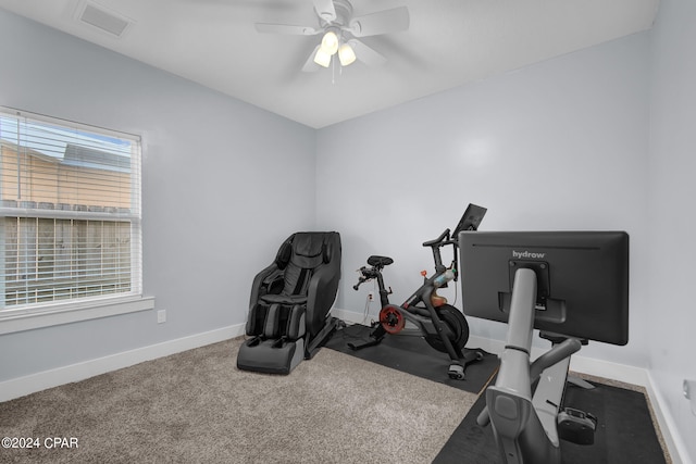 exercise area featuring ceiling fan and carpet floors