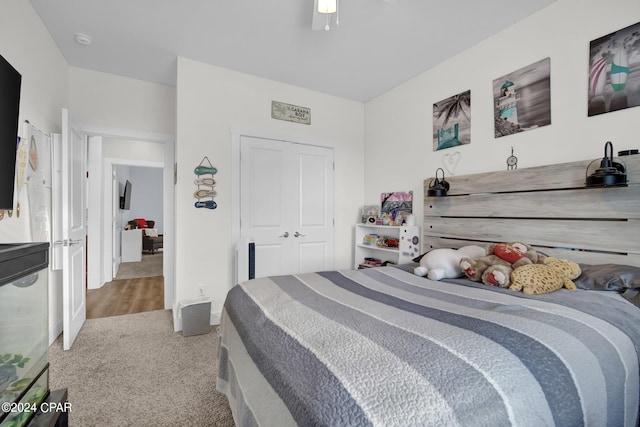 carpeted bedroom with a closet