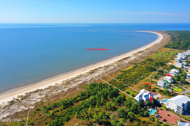 aerial view with a water view and a beach view