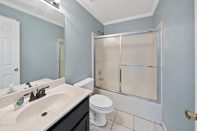 full bathroom featuring enclosed tub / shower combo, toilet, tile patterned floors, vanity, and crown molding