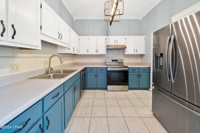 kitchen with stainless steel appliances, sink, blue cabinetry, ornamental molding, and light tile patterned flooring