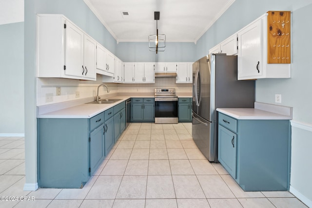 kitchen with crown molding, white cabinetry, appliances with stainless steel finishes, pendant lighting, and sink