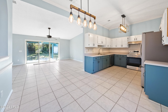 kitchen with sink, ceiling fan, white cabinetry, appliances with stainless steel finishes, and decorative light fixtures