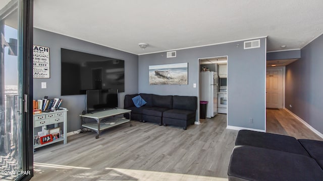 living room with a textured ceiling and light wood-type flooring