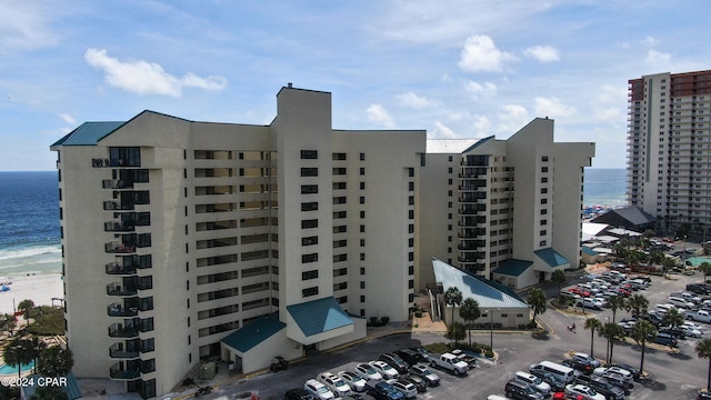 view of building exterior with a water view