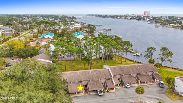 drone / aerial view featuring a water view