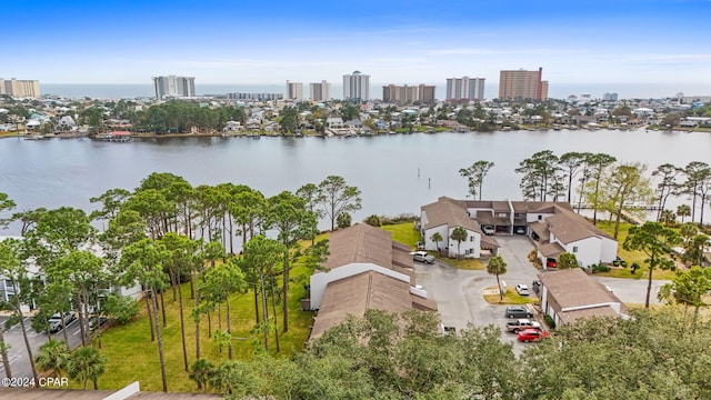 drone / aerial view featuring a water view