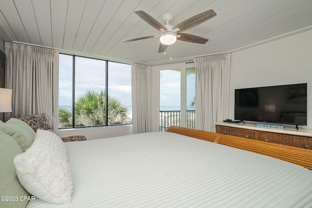 bedroom featuring access to outside, multiple windows, ceiling fan, and wooden ceiling