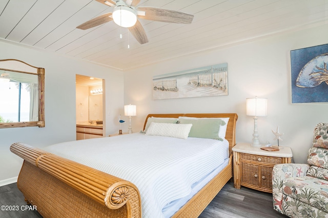 bedroom with wood ceiling, ceiling fan, crown molding, dark wood-type flooring, and connected bathroom