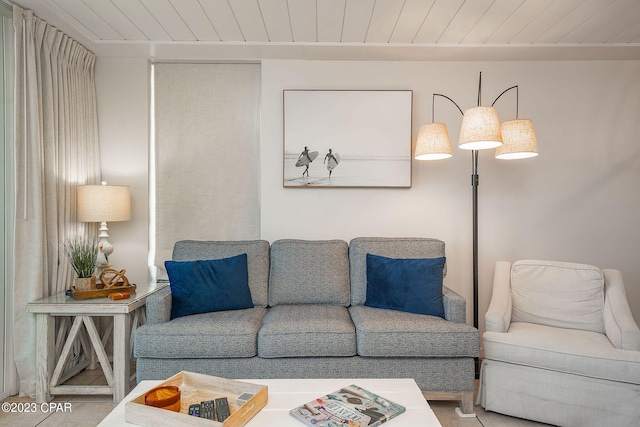 living room with wooden ceiling